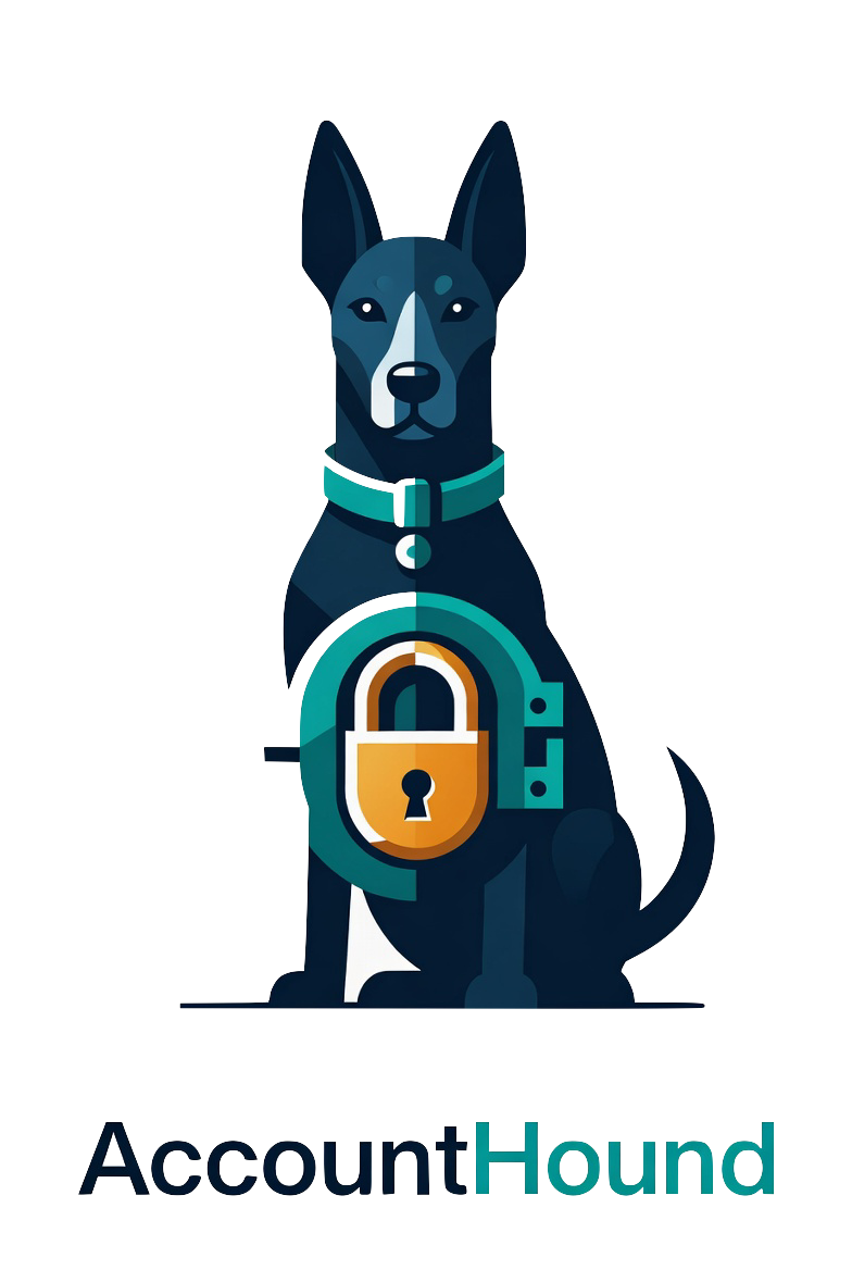 The AccountHound mark: a sitting hound with a teal collar guarding a padlock